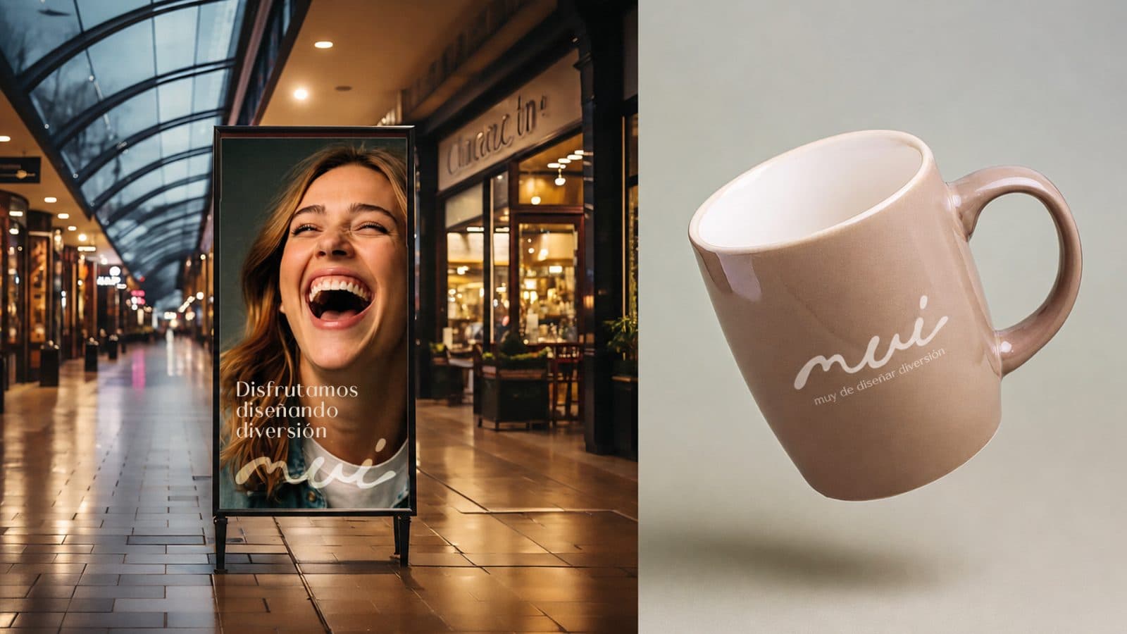 Cartel publicitario y taza de MUI